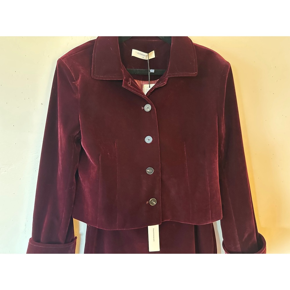 Commense Burgundy Velvet Two Piece Skirt Set Cropped Jacket Mini Skirt Small NWT - Picture 5 of 16